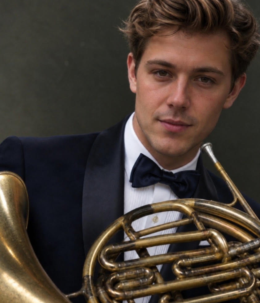 Trevor Nuckols in a tuxedo holding a French horn