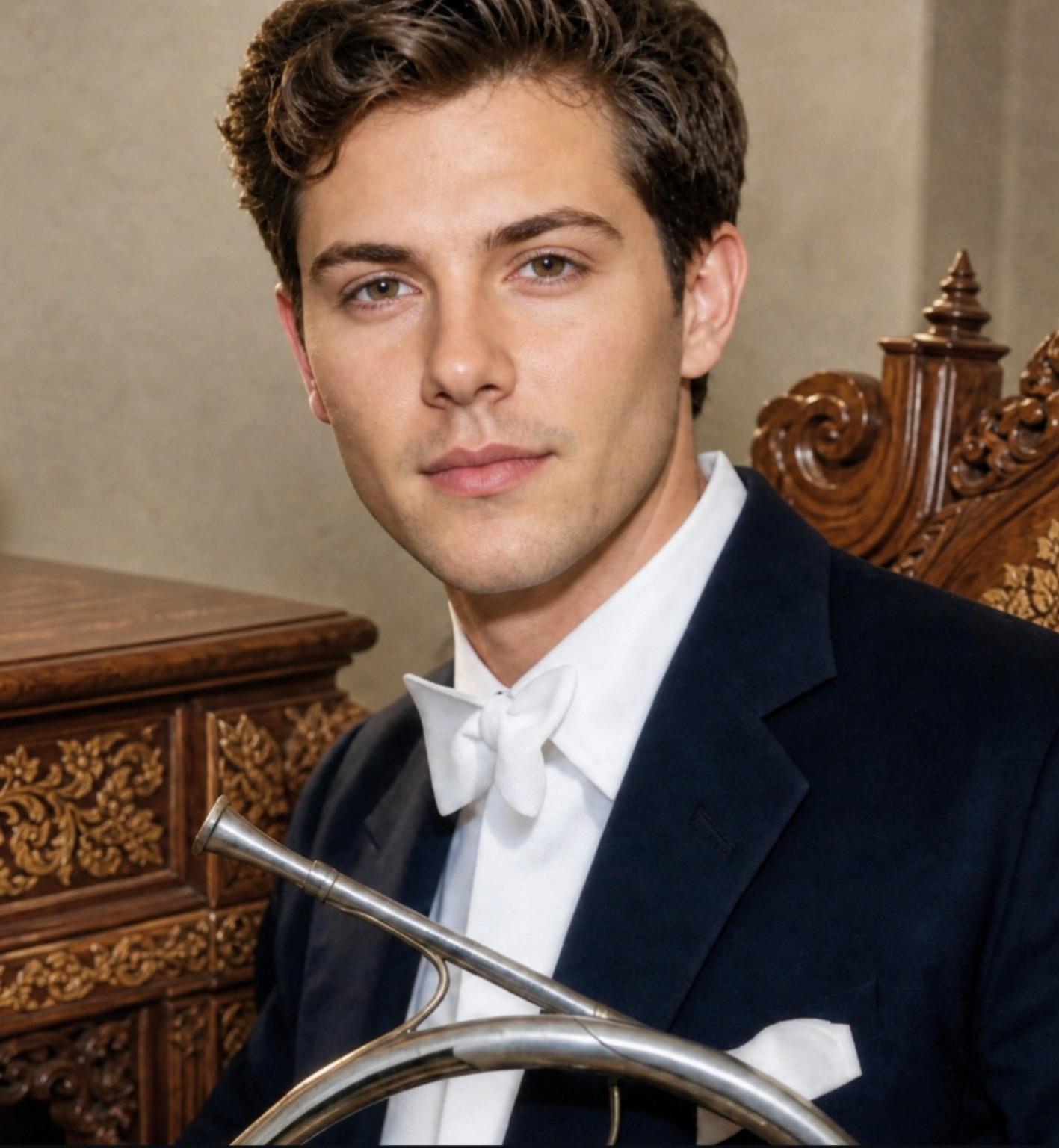 Trevor Nuckols in white tie with horn, ornate setting