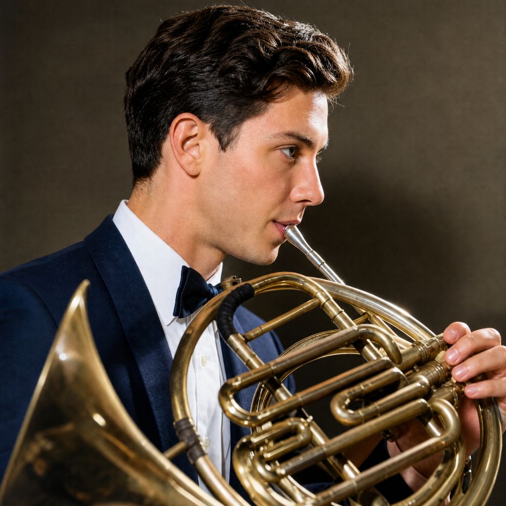 Trevor Nuckols in white tie playing horn in profile