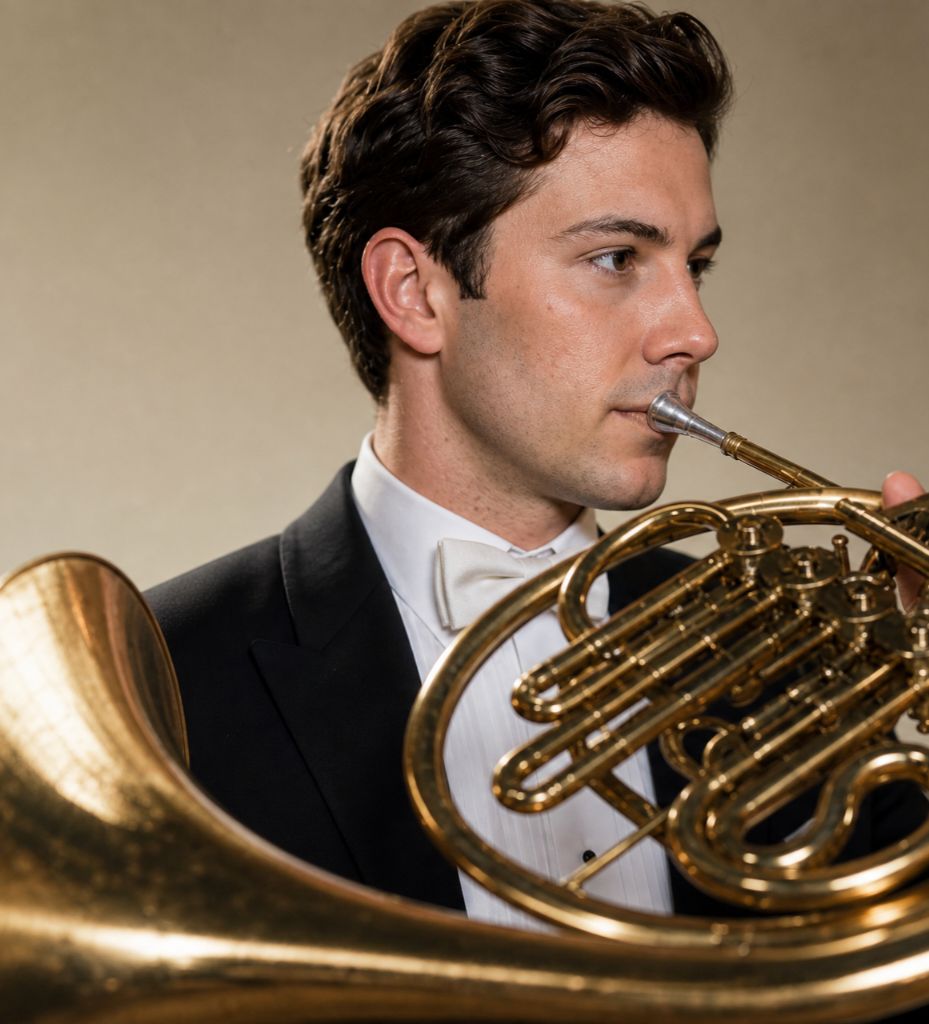 Trevor Nuckols in white tie playing horn, three-quarter view