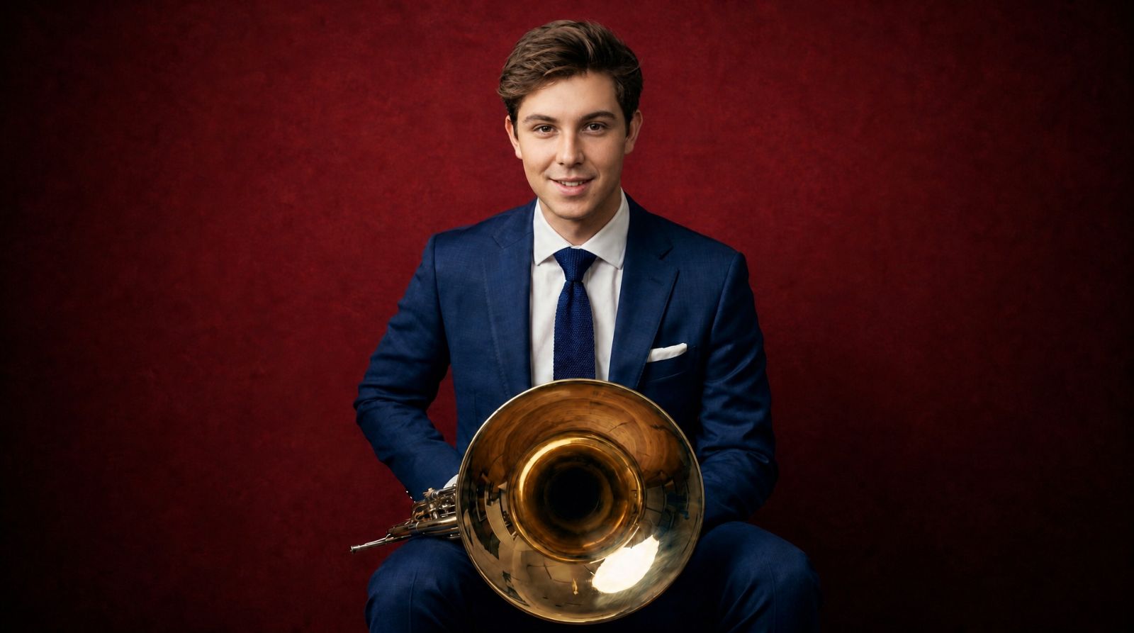 Trevor Nuckols smiling with horn against a maroon backdrop
