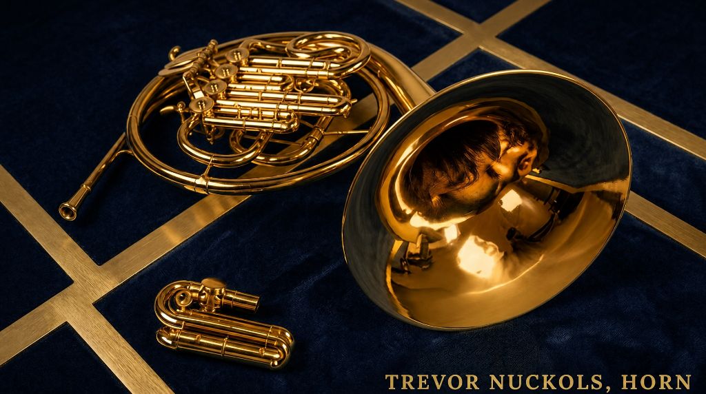 French horn with Trevor reflected in the bell