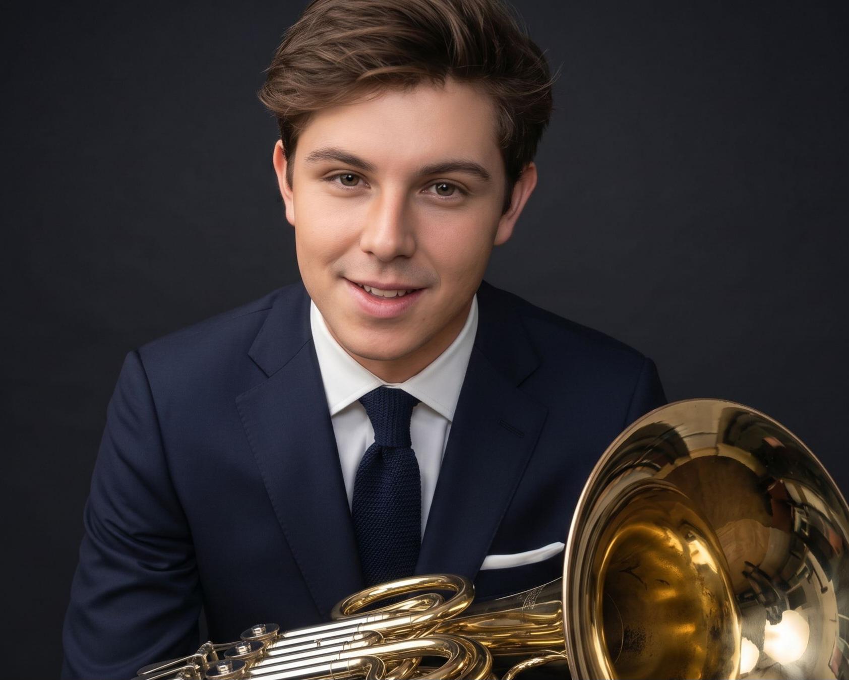 Trevor Nuckols smiling in a navy suit with horn