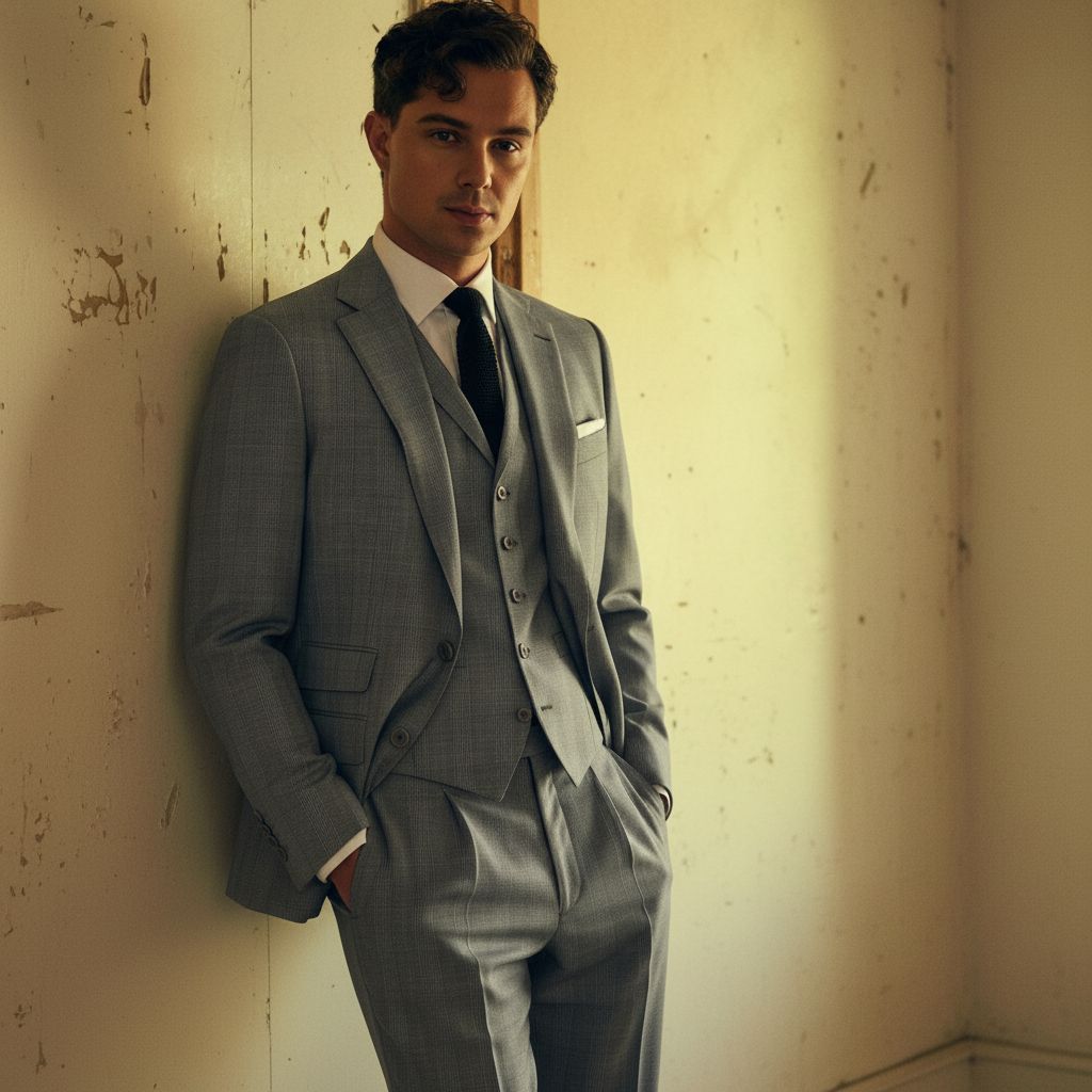 Trevor Nuckols in a grey three-piece suit leaning against a wall