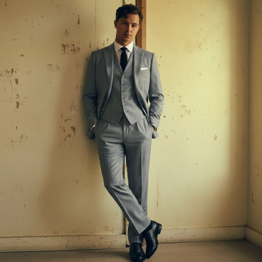 Full-body portrait of Trevor Nuckols in a grey three-piece suit