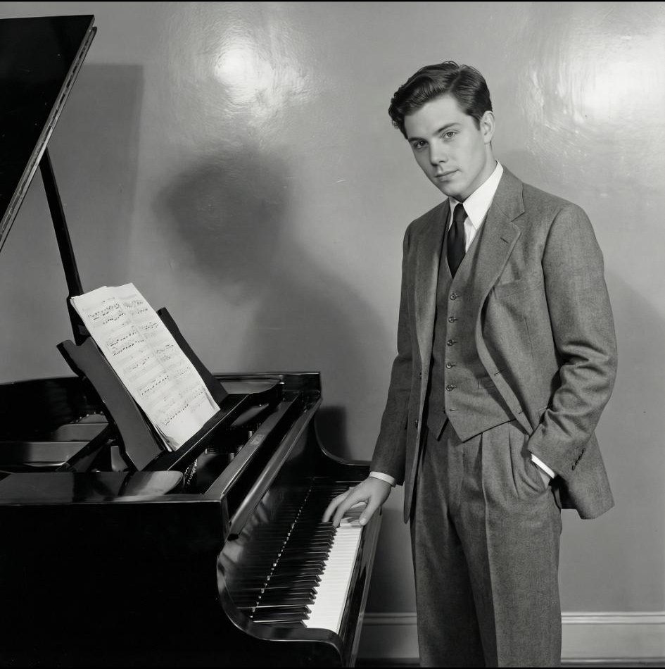 Trevor standing beside a grand piano in formal attire
