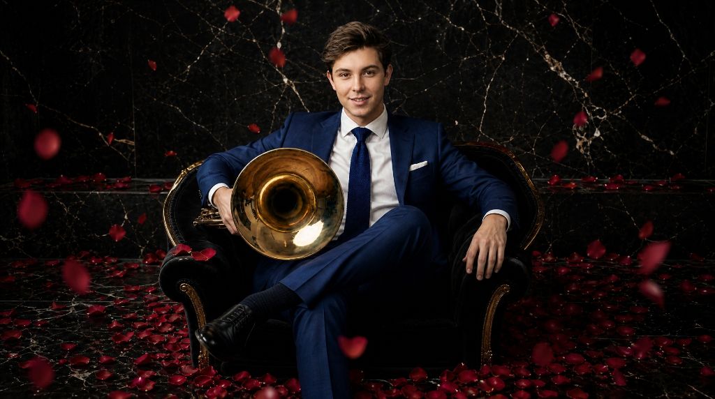 Promotional portrait in blue suit with rose petals