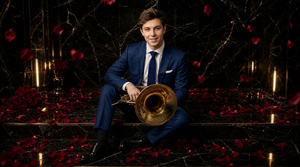 Promotional portrait seated on marble steps with rose petals