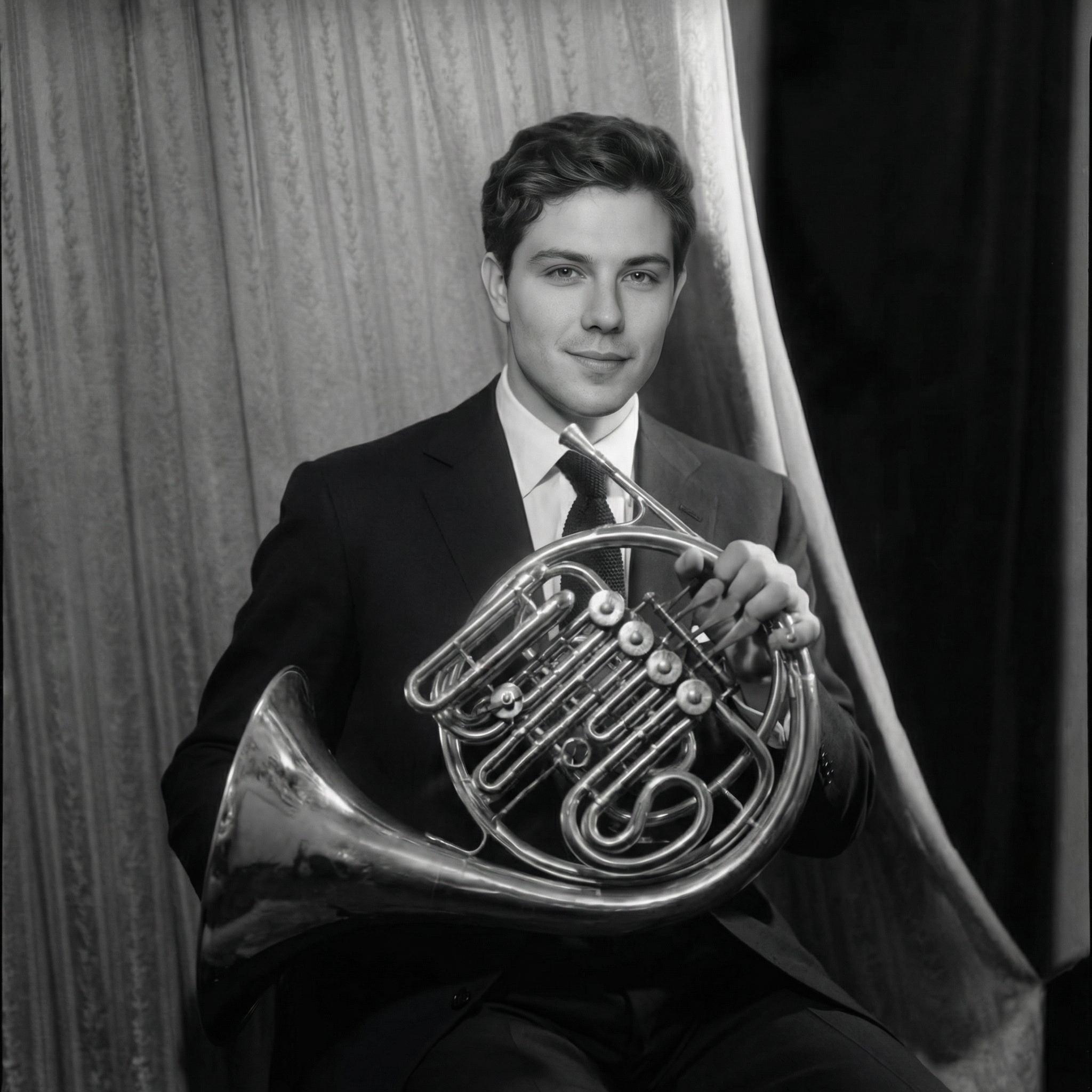 Black and white portrait of Trevor smiling with a French horn