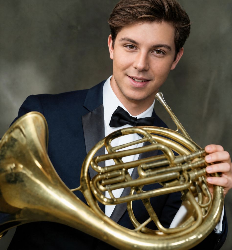 Trevor in a tuxedo smiling with French horn