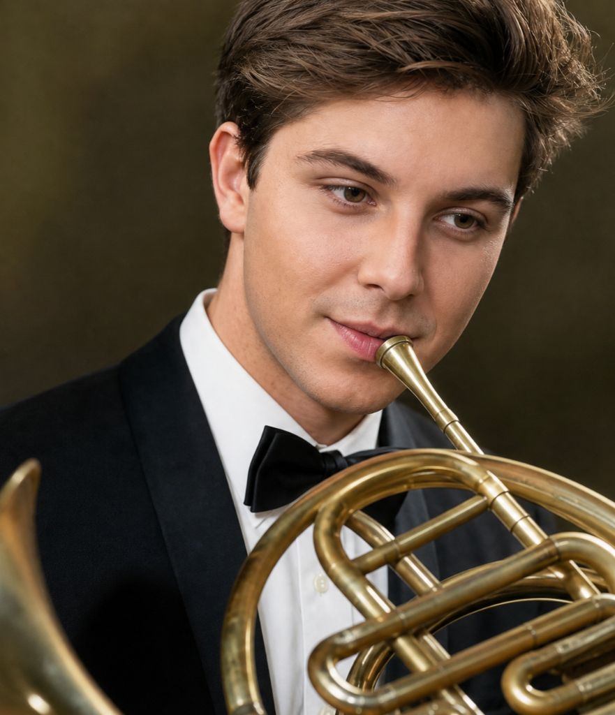 Trevor in a tuxedo playing the French horn