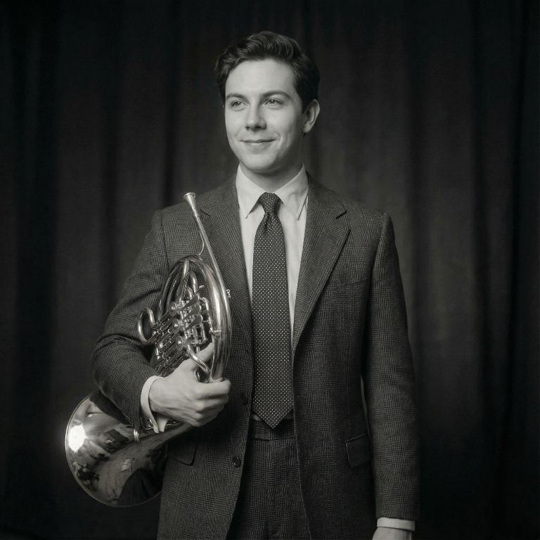 Black and white portrait looking aside with French horn