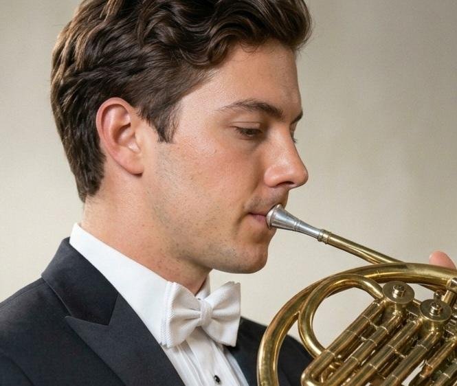 Trevor Nuckols in white tie playing horn, close profile