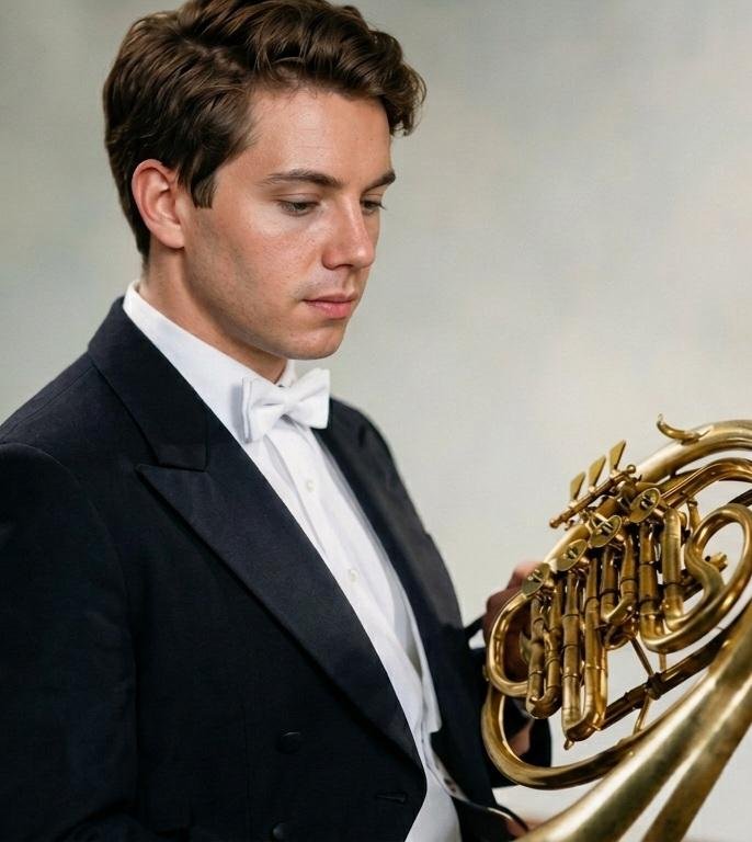 Trevor Nuckols in white tie looking down with French horn