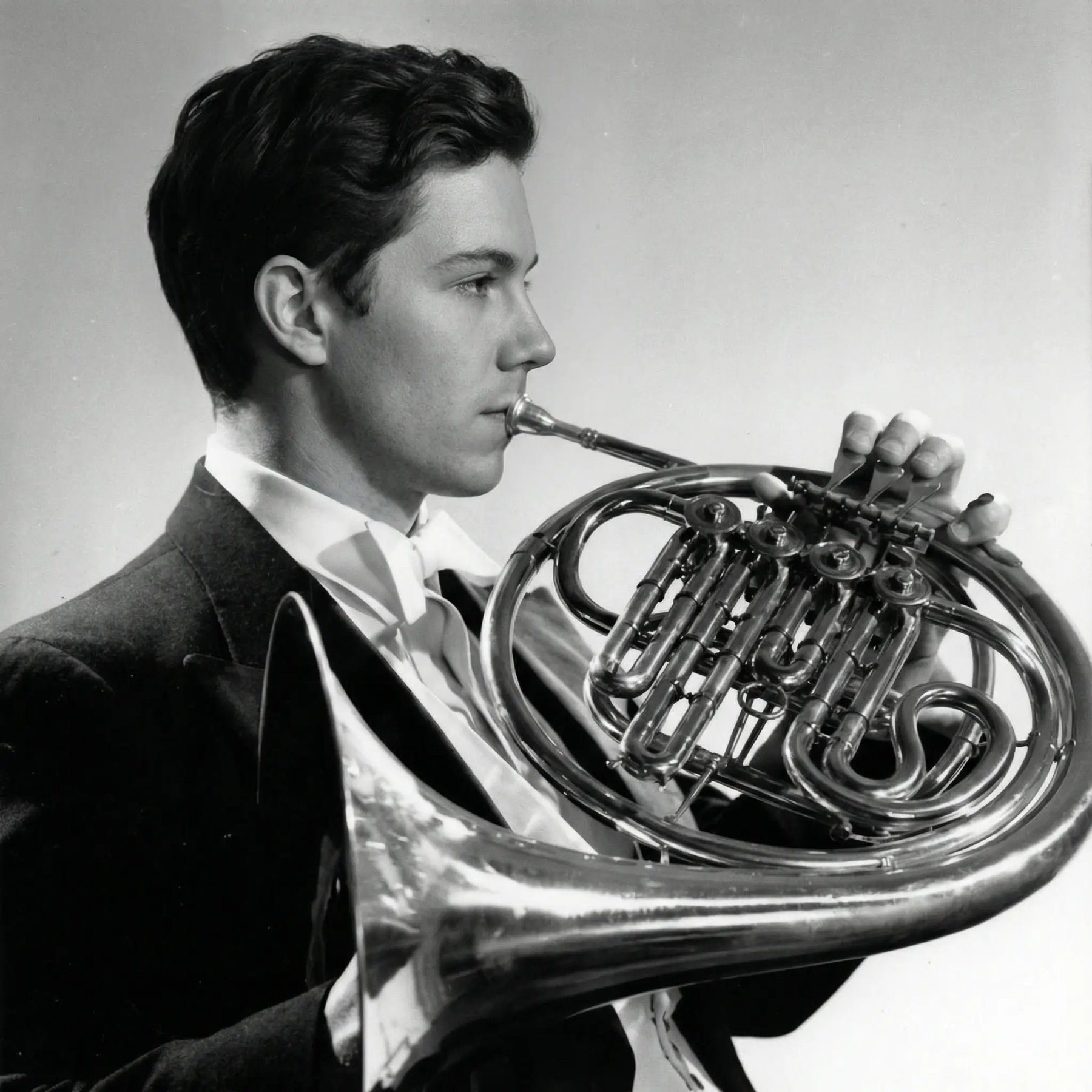Black and white profile of Trevor playing horn in white tie